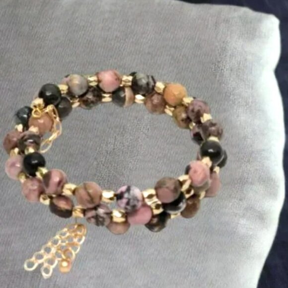 Pink, Brown & Gold Beaded Wire Wrap Bracelet - New - Handmade - Picture 1 of 2